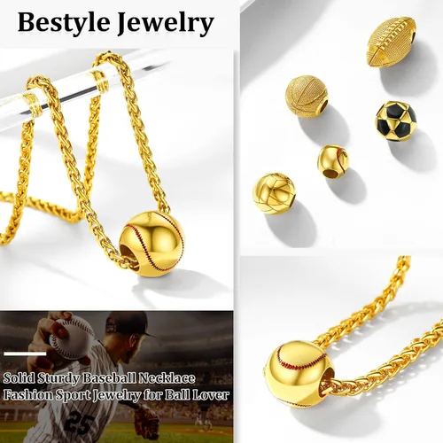 Vista 2 de Bestyle Collar con colgantes de bola vívida para hombre, acero inoxidable sólido, fútbol, baloncesto, voleibol, pelota de rugby, béisbol, plateado