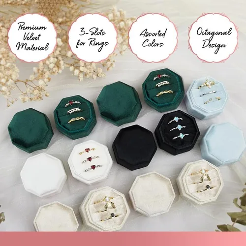 Vista 4 de Caja de terciopelo para anillos de alta calidad para ceremonia de boda con tapa desmontable, elegante y bonita caja para anillos de boda, 3 ranuras