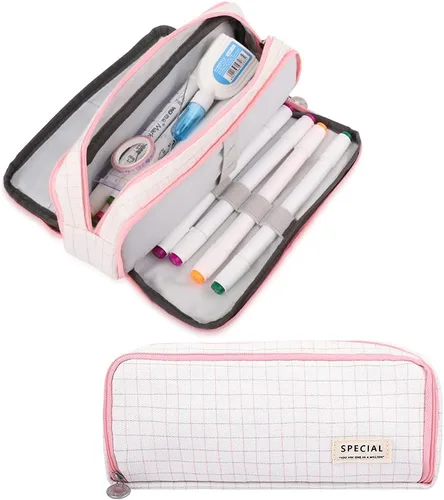 Vista 9 de iSuperb - Estuche grande para lápices con gran capacidad, de lona, con 3 compartimentos, bolsa para bolígrafos, bolsa de marcadores