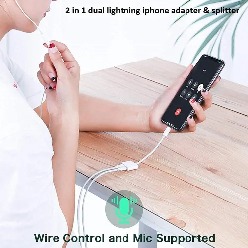 Vista 6 de [Certificado MFi de Apple] Paquete de 2 adaptadores Lightning a 2 Lightning para iPhone, Dual Lightning AUX + adaptador de carga, divisor de cable