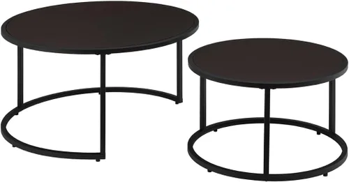 Vista 6 de 24KF Moderna mesa de centro redonda de piel sintética con base de metal negro, mesa de té decorativa para sala de estar, juego de 2, color marrón