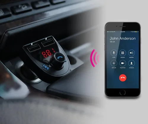 Vista 5 de ALURATEK Receptor de audio Bluetooth para coche y transmisor FM con micrófono para llamadas manos libres (ABF01F), azul