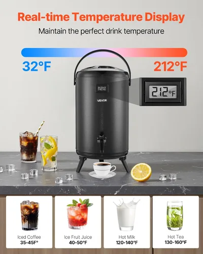 Vista 2 de VEVOR Dispensador de bebidas aislado, servidor térmico de bebidas de acero inoxidable de 3.2 galones/12L con espiga y pantalla de temperatura