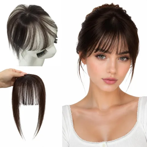 Vista 11 de Anemone Flequillo de cabello humano con clip para mujer, base de encaje de seda 3D, extensión de cabello natural falso para retroceder la línea