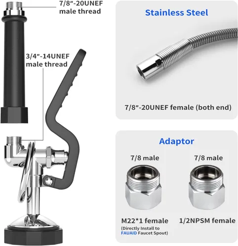 Vista 2 de Pulverizador de fregadero comercial con manguera de acero inoxidable de 45 pulgadas, pulverizador de preenjuague de 1.42 GPM, rociador de platos