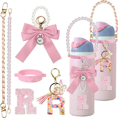 Vista 82 de 6 piezas de accesorios con letras para botella de agua Owala 24 oz 32 oz 40 oz, con lindos dijes iniciales y correa para el asa, compatible