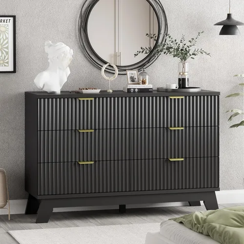 Vista 12 de Cómoda acanalada para dormitorio con 3 cajones, cómoda moderna de 24 pulgadas de ancho con mango de metal, soporte de TV de madera, armario de Negro