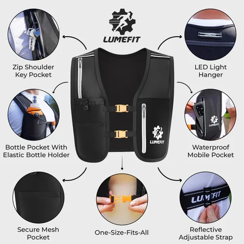 Vista 2 de LUMEFIT Chaleco para correr con soporte para teléfono, chaleco de hidratación con botella de agua, chaleco reflectante para hombres y mujeres