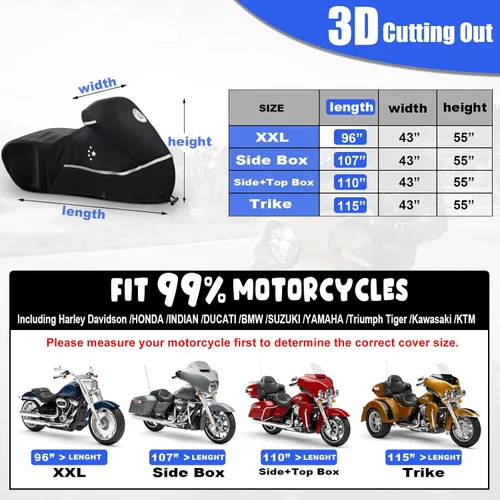Vista 5 de Funda para motocicleta 420D resistente para todas las estaciones, universal, impermeable, protección al aire libre, 86" XL, funda para vehículo/negro