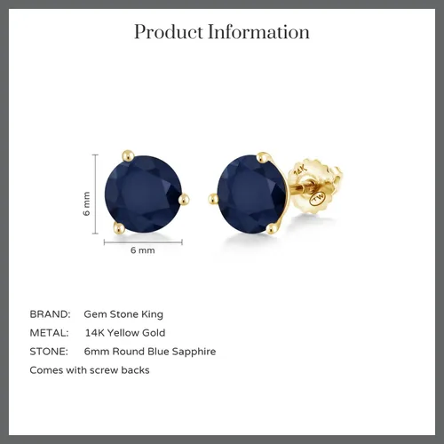 Vista 6 de Gem Stone King Aretes de tuerca de oro amarillo de 14 quilates con zafiro azul para mujer de 3 puntas con rosca trasera para mujer
