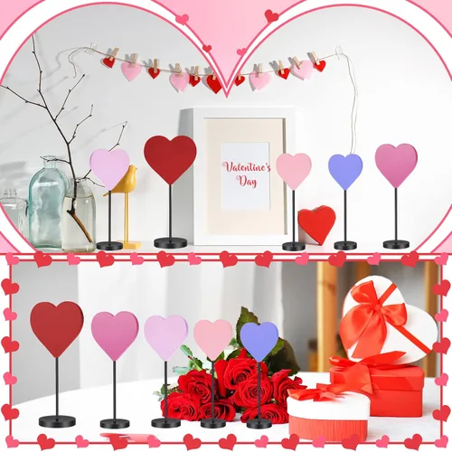 Vista 7 de Juego de 5 letreros de madera con forma de corazón de madera para el día de San Valentín, decoración de mesa con forma de corazón, centro de mesa