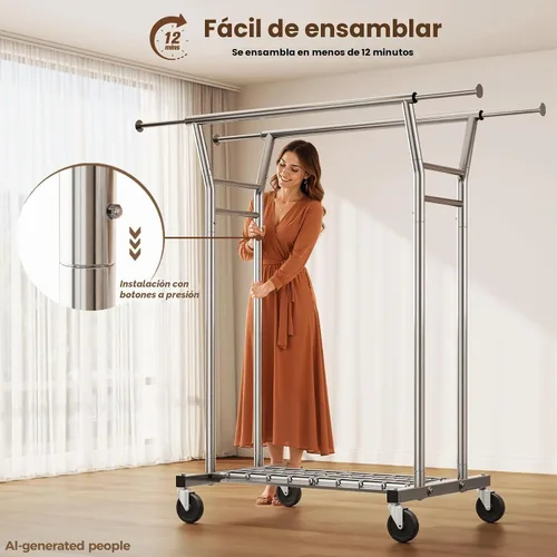 Vista 6 de HYSEYY Perchero de ropa resistente, perchero con ruedas para colgar ropa con estantes, carga de 700 libras, armario portátil con ruedas para Plata