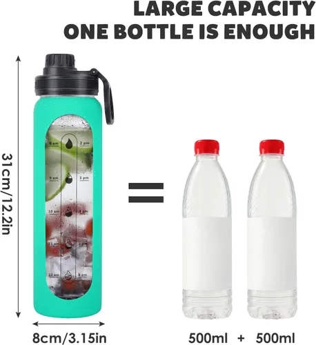 Vista 5 de Botellas de agua de vidrio de 32oz con funda de silicona, botellas de hidratación para beber, reutilizables, borosilicato, boca ancha, cantimplora
