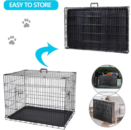 Vista 4 de Jaulas de doble puerta para perros de 36 pulgadas, jaula de alambre plegable de metal para perreras con bandeja para perros pequeños, medianos