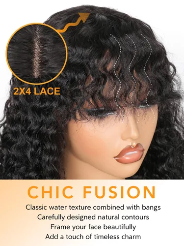 Vista 3 de Ruiyu Shaggy Haircuts Bob Curly Wig with Bangs Human Hair 2x4 HD Lace Closure Wear and Go Glueless Wig Water Wave Wigs with Bangs for Black Women
