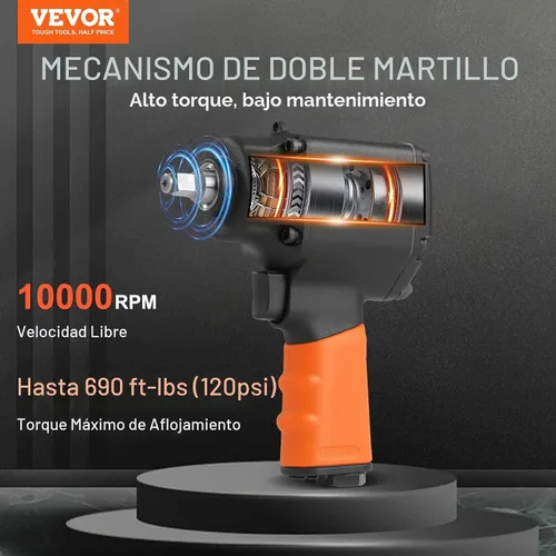 Vista 3 de VEVOR Llave de Impacto Neumática, Pistola de Impacto Neumática de Transmisión de 3/8 Pulgadas, Hasta 690 ft-lbs de Torque de Aflojamiento
