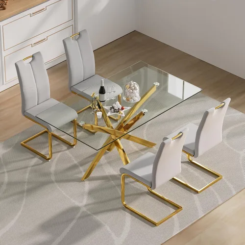 Vista 3 de Juego de mesa de comedor de cristal para 4, moderno juego de mesa de comedor de 51 pulgadas para 4, mesa de cristal dorada en forma de X con 4 Gris