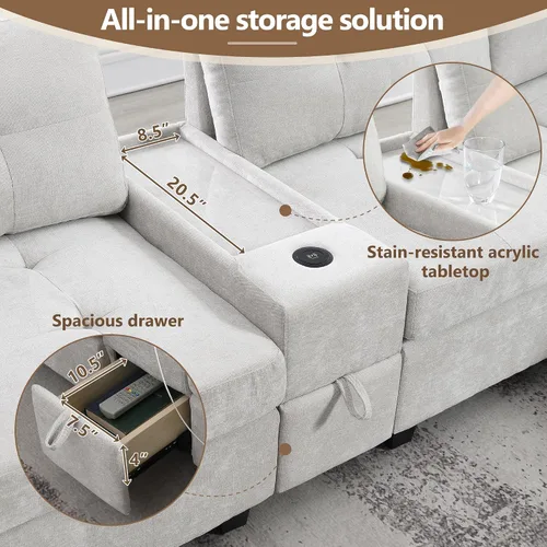 Vista 5 de Sofá modular de 103 pulgadas con 2 consolas acrílicas, juego de sofá en forma de U de gran tamaño con cargador USB, cajones de almacenamiento, Beige