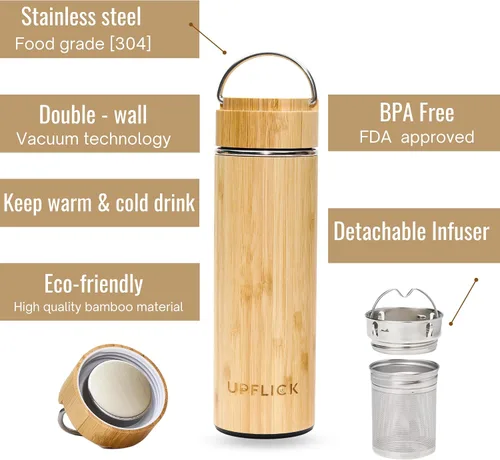 Vista 3 de Botella de agua de bambú aislada para hombres, regalo de cumpleaños, juego de té de viaje para mujeres con difusor para hojas de té sueltas, regalo
