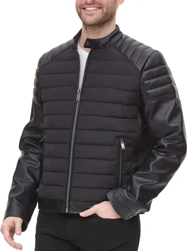 Vista 3 de DKNY Chaqueta acolchada de cuero sintético para hombre de motocros Racer