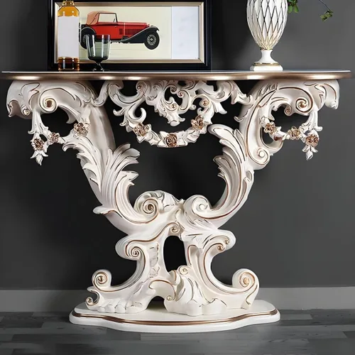Vista 12 de LAKIQ Mesa de consola de estilo europeo, mesa de entrada de madera, mesa de pasillo moderna estilo campestre, mesa de entrada de forma libre, sofá