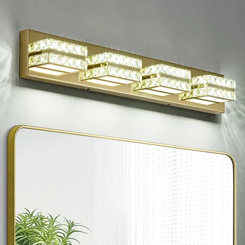 Vista 11 de OKELI Lámpara de tocador de cristal para baño, moderna lámpara LED de tocador para baño, lámpara frontal de espejo de cristal de 3 luces, 6000 K
