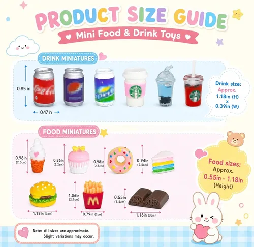 Vista 2 de 50 piezas de botellas en miniatura de comida y bebida, latas de refresco, accesorios de juego de cocina de simulación, juguetes de Hamburgo, pastel