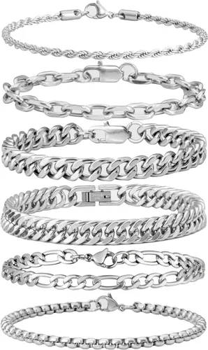 Vista 13 de XIANNVXI Juego de 6 pulseras de acero inoxidable para hombre y mujer, color plateado/dorado/negro, pulseras de eslabones cubanos, estilo soga