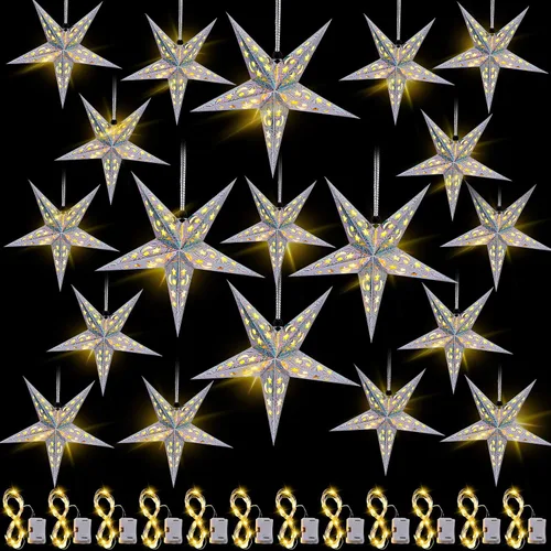 Vista 7 de Hortsun Juego de 20 faroles de papel de Navidad con forma de estrella, 2 tamaños, 17.7 y 11.8 pulgadas, adornos colgantes de Navidad, pantalla 3D