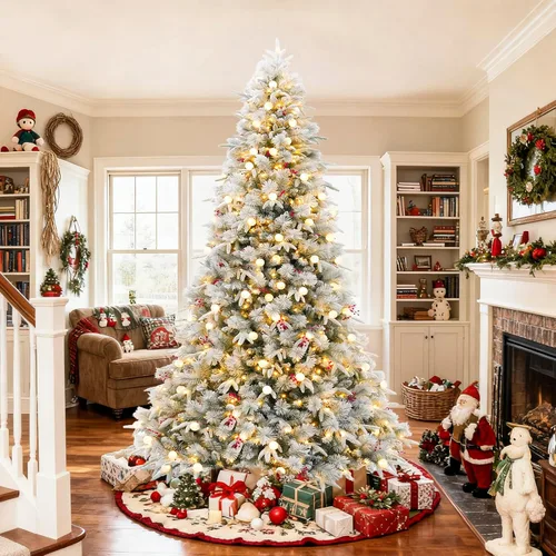 Vista 4 de Hykolity Árbol de Navidad flocado preiluminado de 7.5 pies, 450 luces LED 1592 puntas flocadas mixtas, 450 LED blanco cálido y multicolor, 10 modos