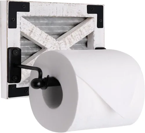 Vista 10 de Autumn Alley Soporte de papel higiénico blanco para pared, accesorios decorativos de baño de granja, madera lavada blanca, metal galvanizado y metal