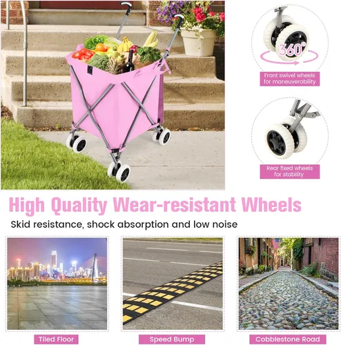 Vista 5 de GOFLAME Carrito de compras plegable con ruedas, carrito de comestibles impermeable con cubierta extraíble y ruedas giratorias de 360°, carrito Rosa