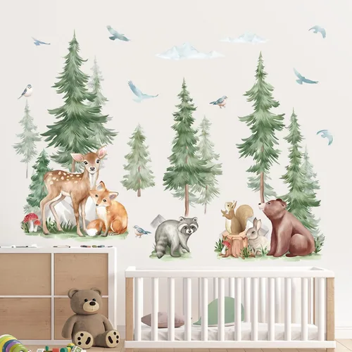 Vista 2 de Wondever Adhesivos de pared de árbol de montaña, árbol grande de pino, pegatinas de pared de arte con animales del bosque, oso, zorro, quitar