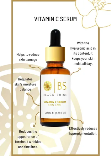 Vista 2 de Black Shine - Suero de vitamina C con ácido hialurónico, suero iluminador para cara con % 20 de vitamina C