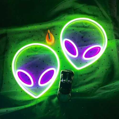 Vista 5 de Letrero de neón con cabeza de alienígena, 1 unidad, luz de neón de alienígena verde y morado, USB o 3 pilas AA, divertido letrero de neón iluminado