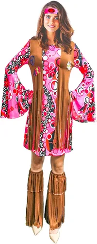Vista 3 de ATAMET Disfraz hippie de los años 60 y 70 para mujer ropa hippy vestido de discoteca para adultos disfraz de fiesta de los años 70