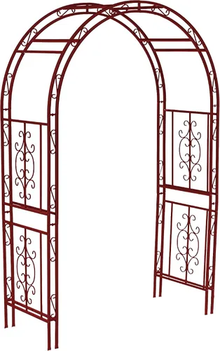 Vista 2 de Estructura de arco de jardín al aire libre de metal de Plow & Hearth, de 84 pulgadas de alto, entramado de celosía de hierro para plantas Rojo