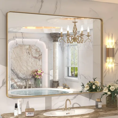 Vista 114 de Paquete de 2 espejos de baño con marco de metal negro de 22 x 30 pulgadas, espejo rectangular redondeado negro mate, antioxidante, se cuelga