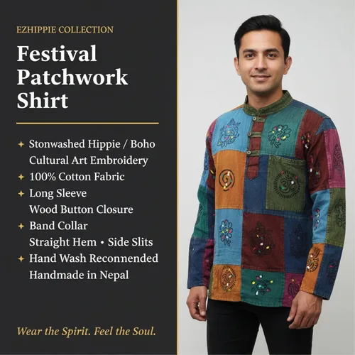 Vista 4 de Shopoholic Fashion Mens Boho Patchwork Cotton Long Sleeves Stonewashed Mandarin Collar Hippie Summer Festivals Shirt