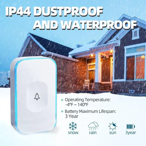 Vista 4 de Timbre inalámbrico enchufable FUHONGRUI de 1200 pies, timbre inalámbrico con batería, botón de timbre con luz intermitente, 36 melodías, 4 niveles