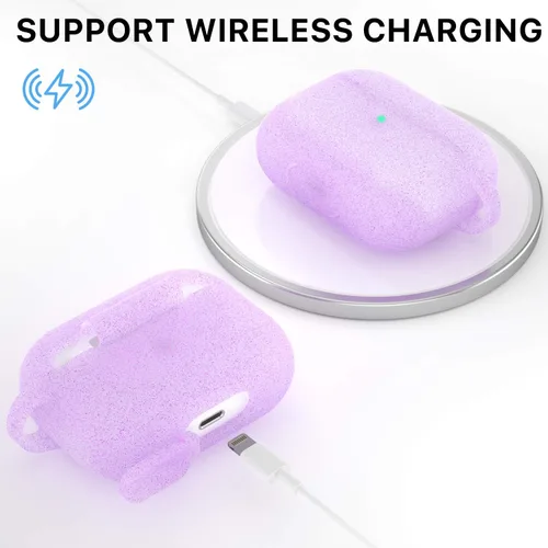 Vista 5 de Funda protectora de silicona con llavero, compatible con Apple AirPods Pro 2, LED frontal visible (morado brillante)