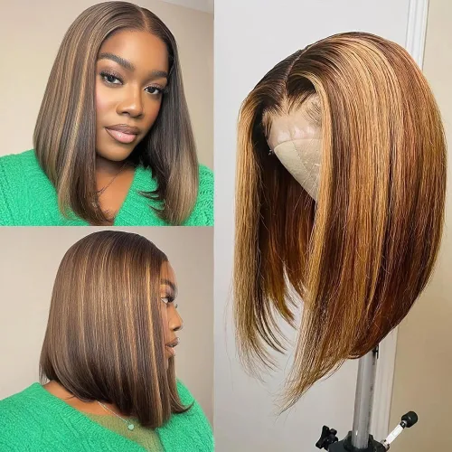 Vista 5 de Peluca de cabello humano con reflejos degradados 4/27, 8 pulgadas, lacio, 427, peluca bob de 13 x 4 con reflejos HD, peluca de cabello humano
