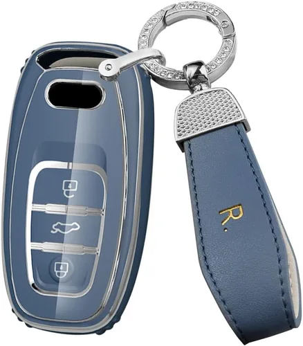 Vista 8 de ontto Funda para llavero compatible con Audi Q5 SQ5 Q3 Q7 Q8 A3 A4 A5 A6 A7 llavero remoto sin llave, carcasa brillante con borde plateado negro