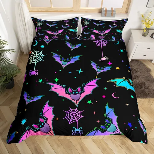 Vista 31 de Juego de ropa de cama de Halloween, funda de edredón gótica de murciélagos negros con telarañas, funda de edredón individual, diseño de arañas