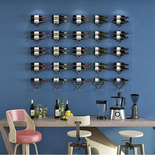 Vista 2 de Paquete de 2 estantes de metal para vino montado en la pared, estante para botellas de vino y colgador de copas, estante de almacenamiento de vino