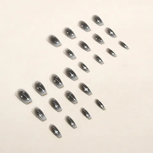 Vista 2 de 24 uñas postizas medianas a presión, uñas postizas brillantes con diseños de estrellas y luna, uñas acrílicas negras de cobertura completa pegamento