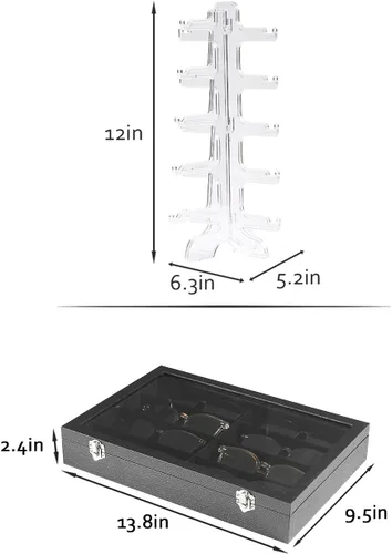 Vista 6 de Coward Caja organizadora de gafas de sol, estuche de terciopelo negro con tapa de vidrio transparente para uso doméstico o tienda tienda show