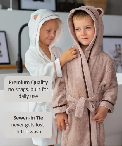 Vista 2 de Bata de baño premium suave para niños pequeños - Bata de bambú de rayón para niños con capucha - Bata para niños y niñas Beige