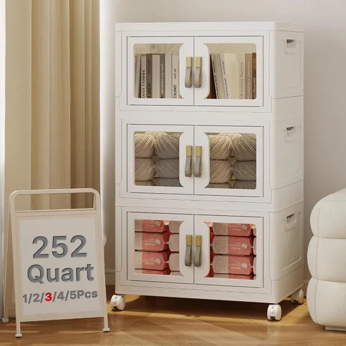 Vista 17 de Contenedor de almacenamiento apilable de 48 cuartos de galón con tapa, ruedas y puerta, organizador plegable de 12 galones para dormitorio, estudio