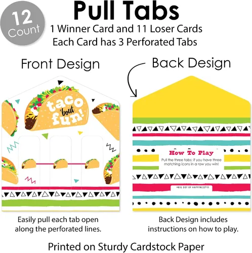 Vista 5 de Big Dot of Happiness Taco 'Bout Fun - Juego de 12 tarjetas de pepinillo para fiesta mexicana, pestañas de tracción 3 en una fila